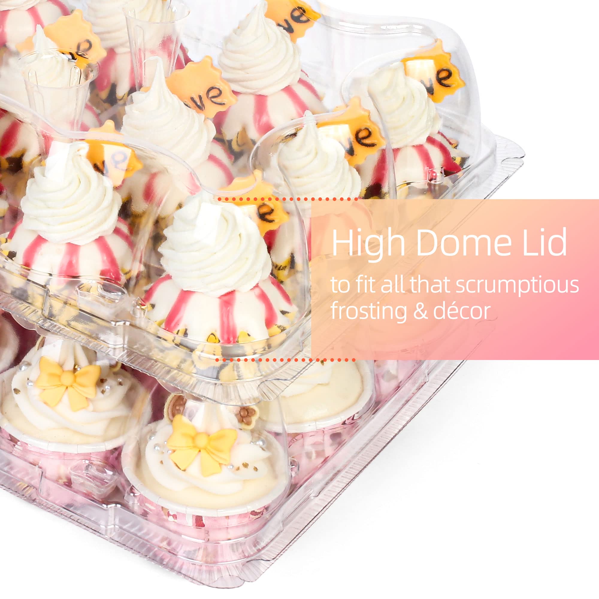 LotFancy cupcake containers with a domed lid fit tall frosting and toppers comfortably.