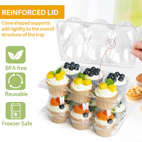LotFancy stackable cupcake containers save space on counters and in markets.