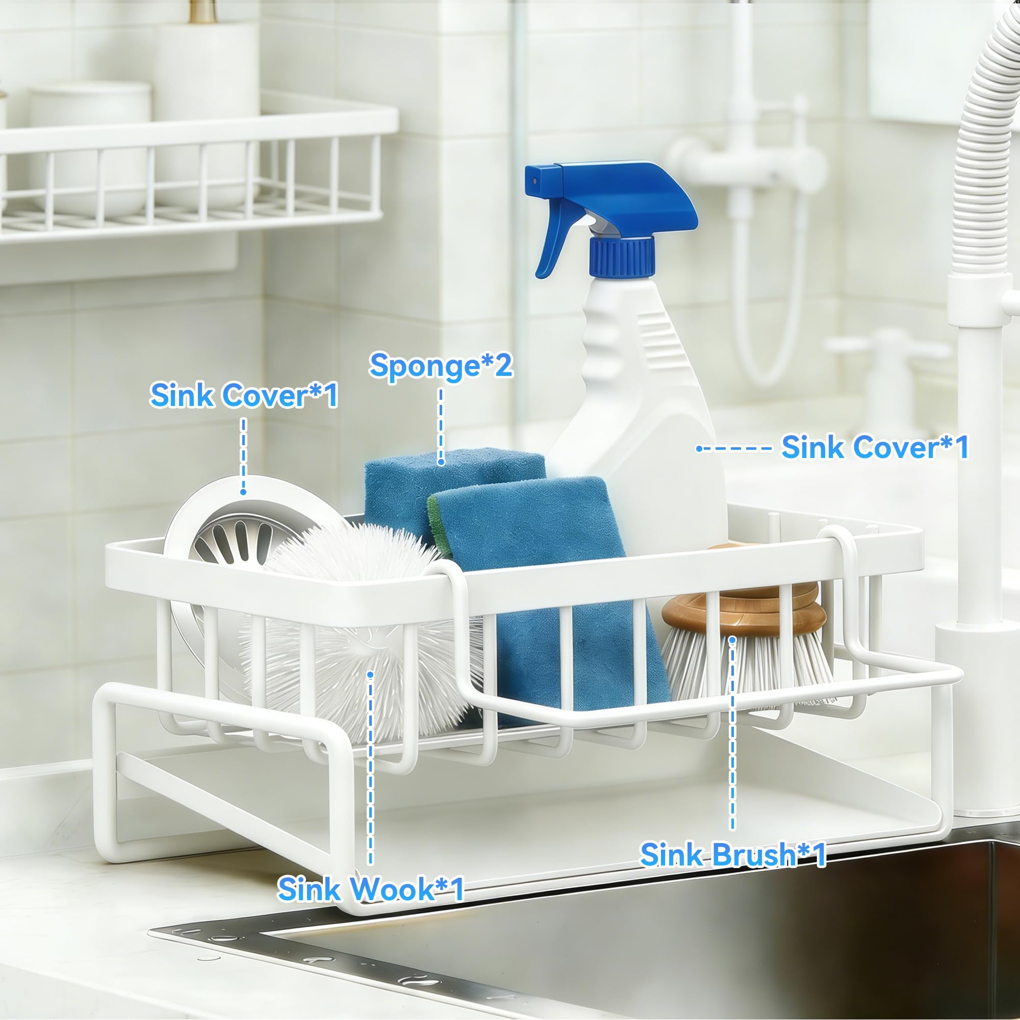 Lotgnimry kitchen organizer in use shows sponges, brushes, and bottle neatly stored.