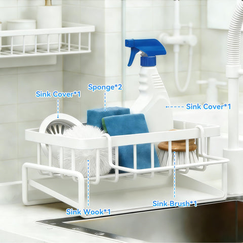 Lotgnimry kitchen organizer in use shows sponges, brushes, and bottle neatly stored.