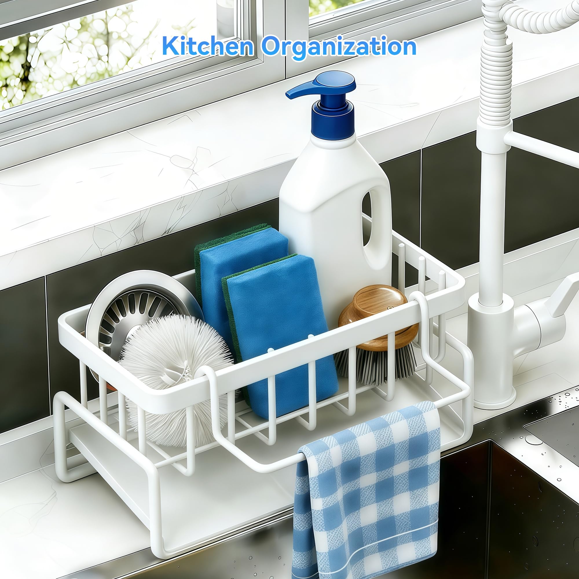 Lotgnimry sink caddy with brushes demonstrates easy access during daily rinsing.