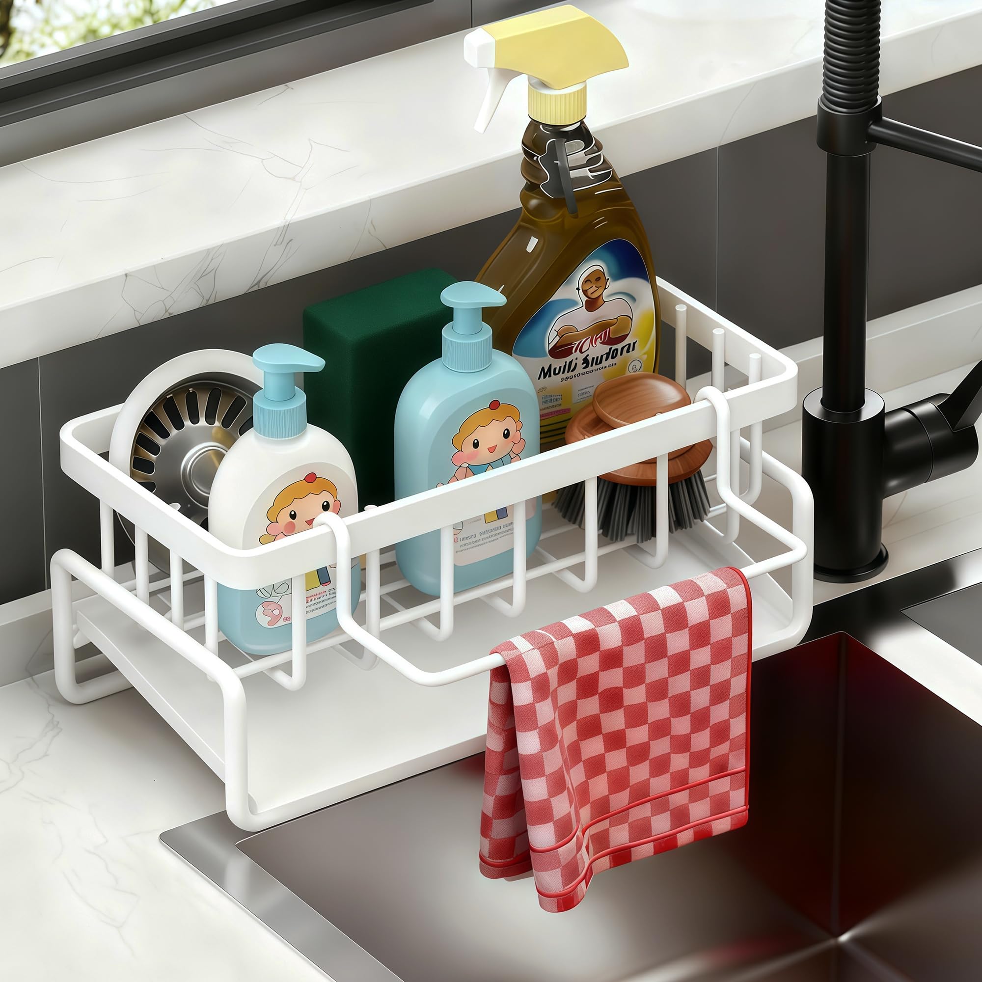 Lotgnimry sponge holder with a 45-degree drain redirects water into the sink for quicker drying.