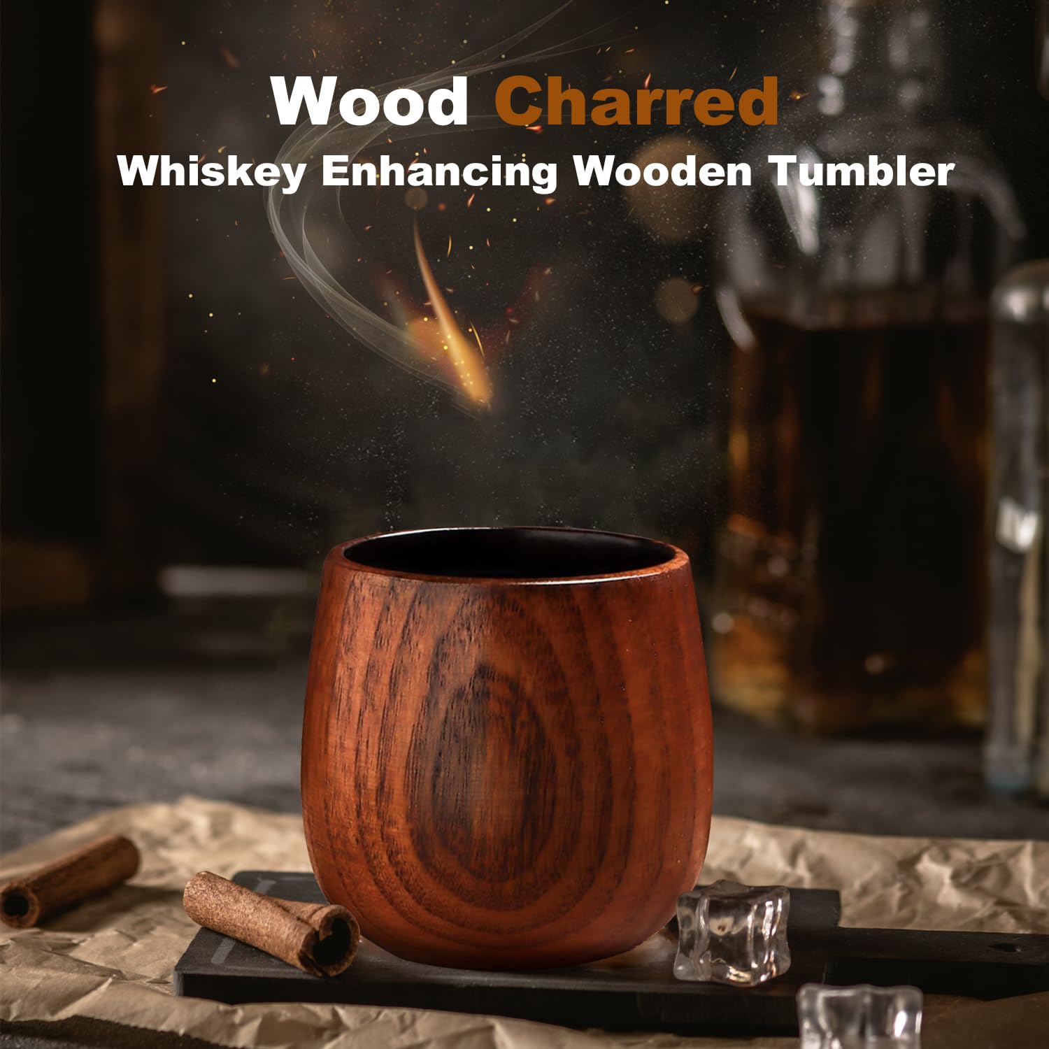 Lotnafee charred wooden whiskey glasses interior closeup highlighting interior char.