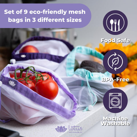 Lotus color-coded mesh bags for quick sorting of produce.