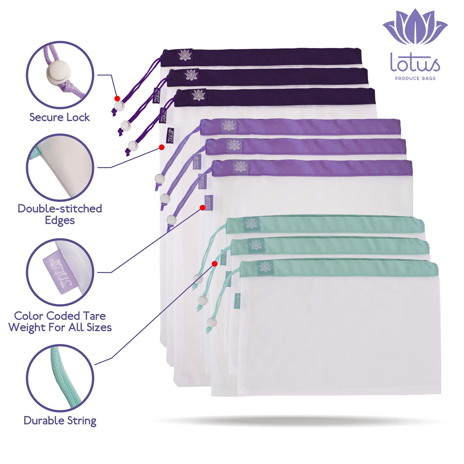Lotus drawstring closure mesh bags keep contents secure.