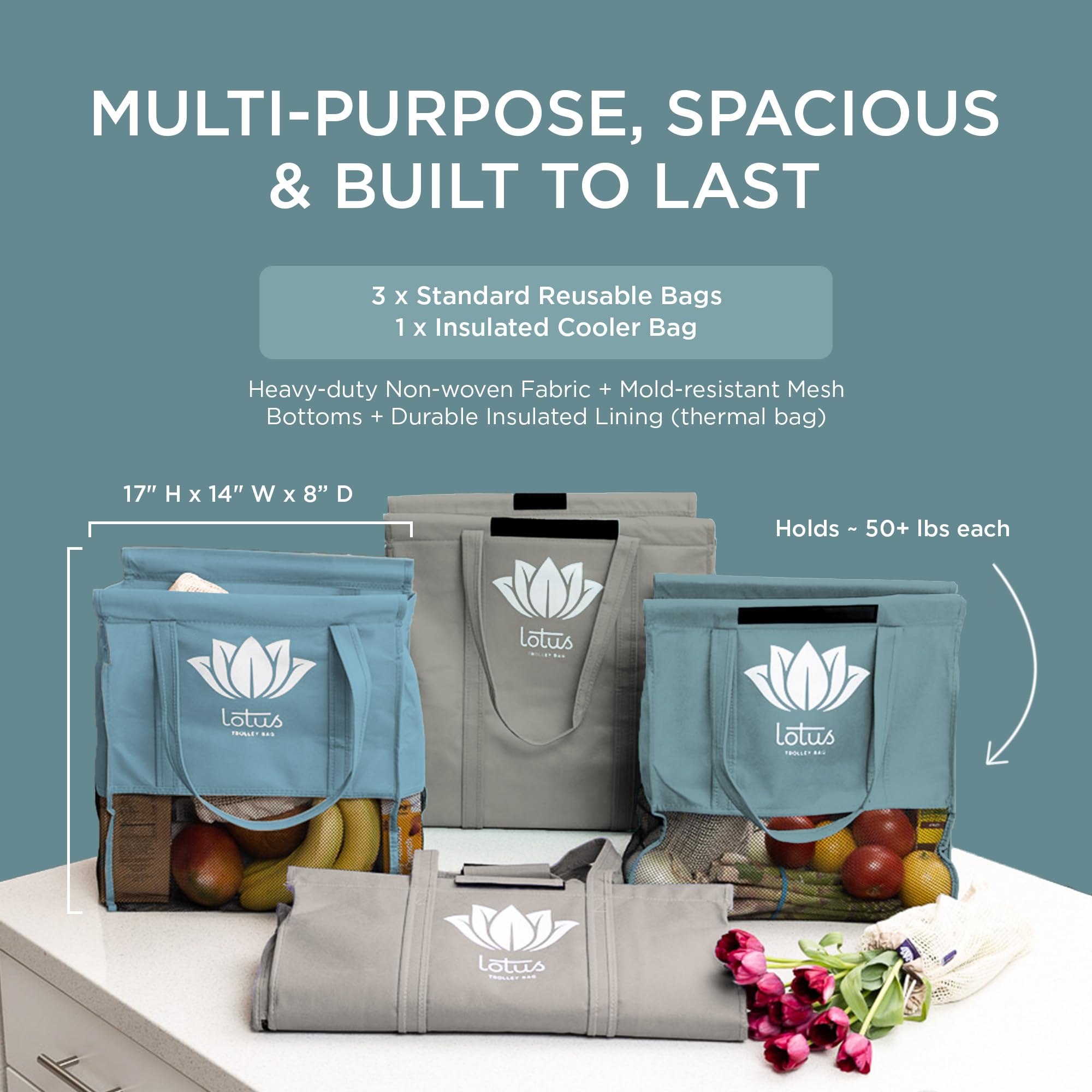Lotus mesh-bottom totes simplify cleanup after shopping and spills.