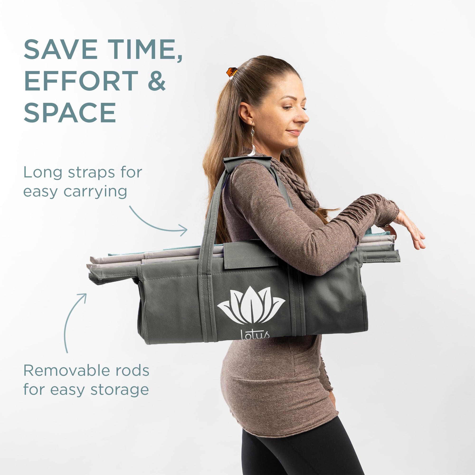 Lotus detachable bags fold neatly for compact storage after errands.