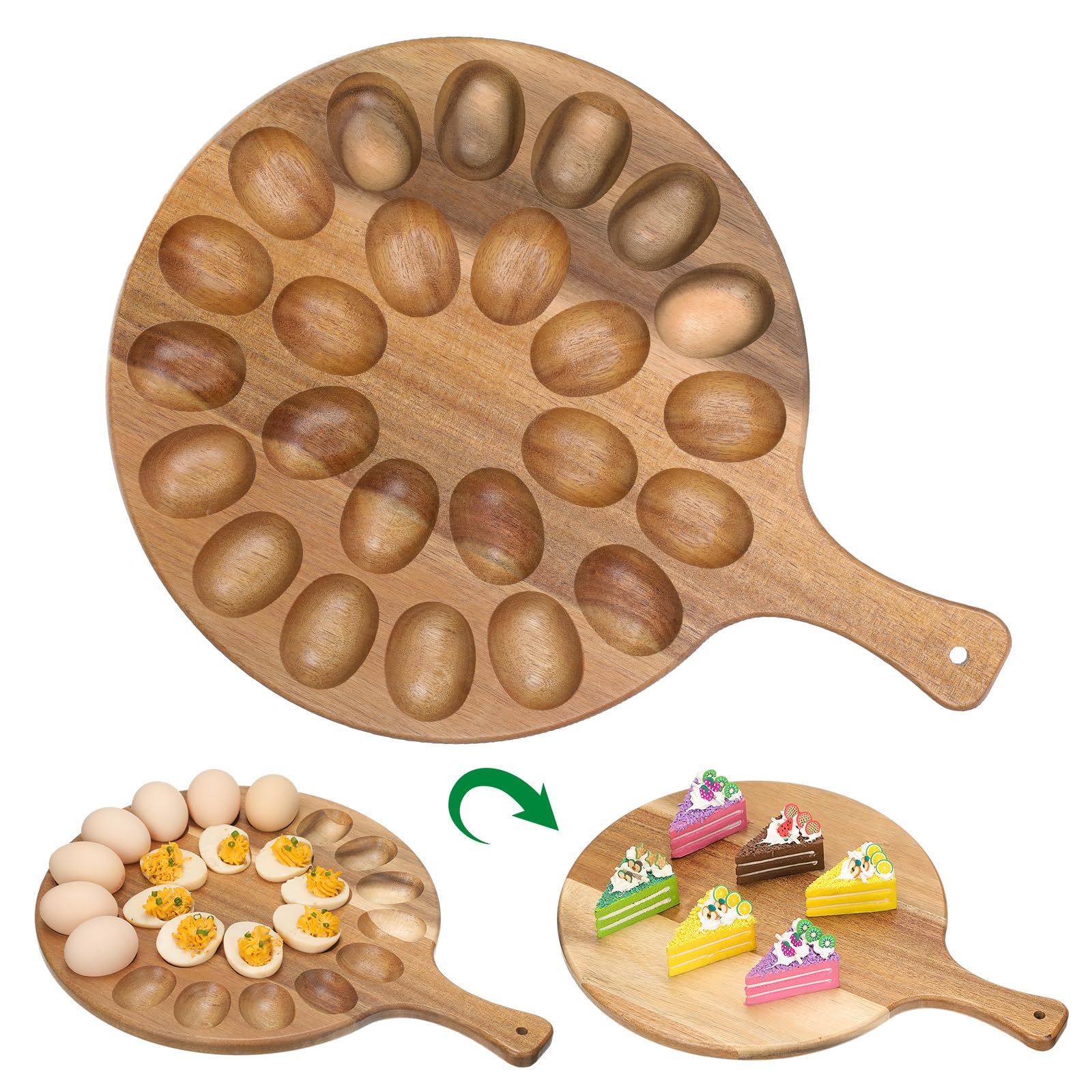 Lounsweer reversible acacia wood deviled egg platter serves as a versatile egg carrier.