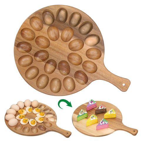 Lounsweer reversible acacia wood deviled egg platter serves as a versatile egg carrier.