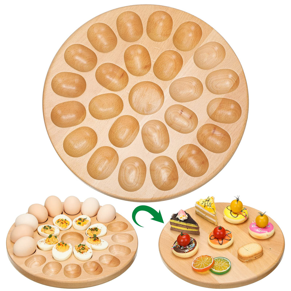 Lounsweer reversible deviled egg platter close-up showing craftsmanship and beech wood finish.