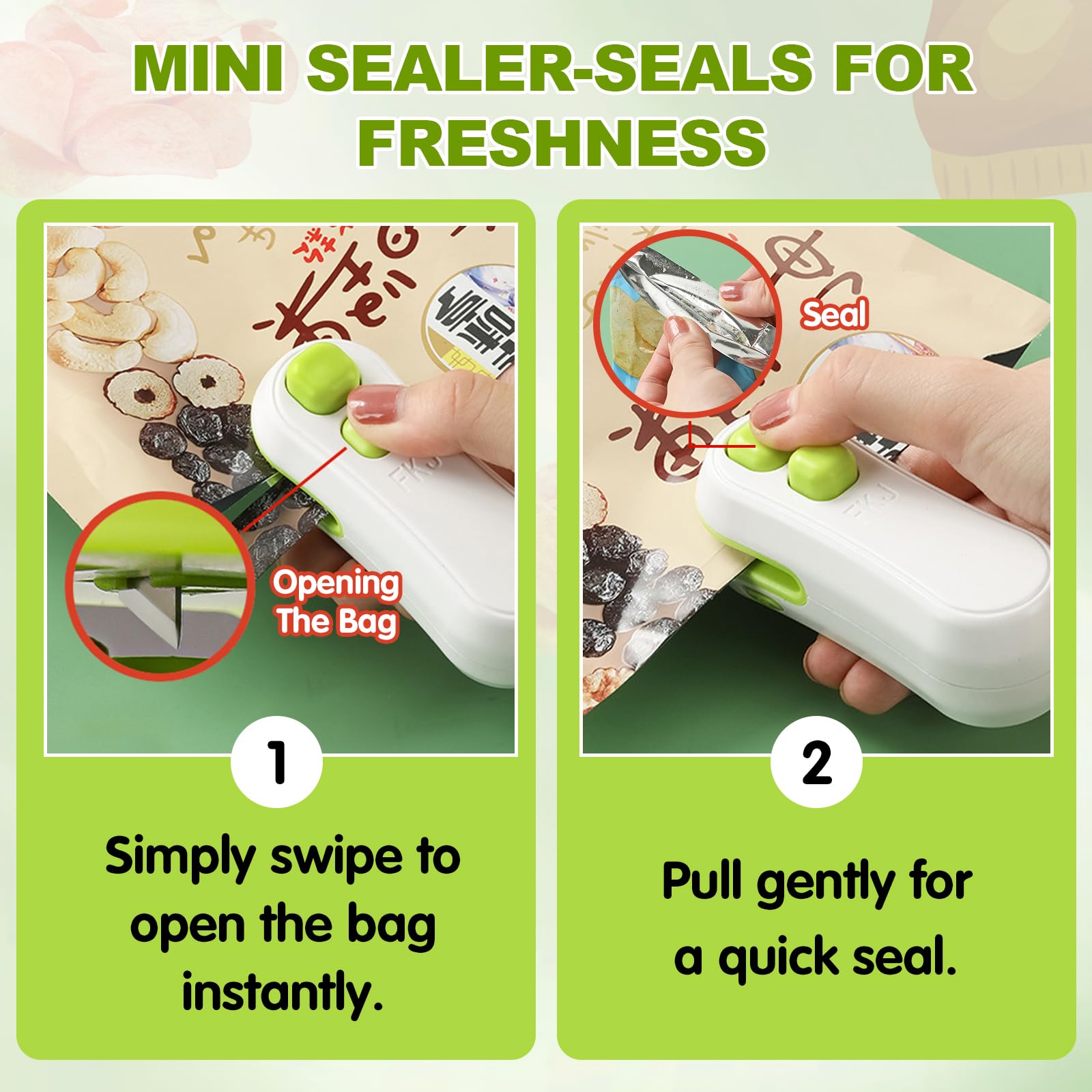 Loupai mini bag sealer shows USB charging for cordless use anywhere.