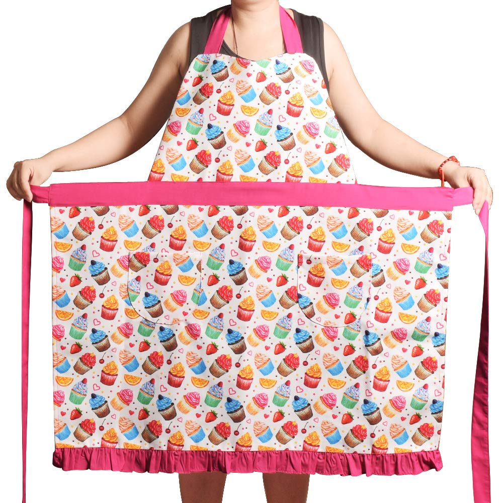 Love Potato pink cupcake apron front view with adjustable neck strap and pockets for easy cooking