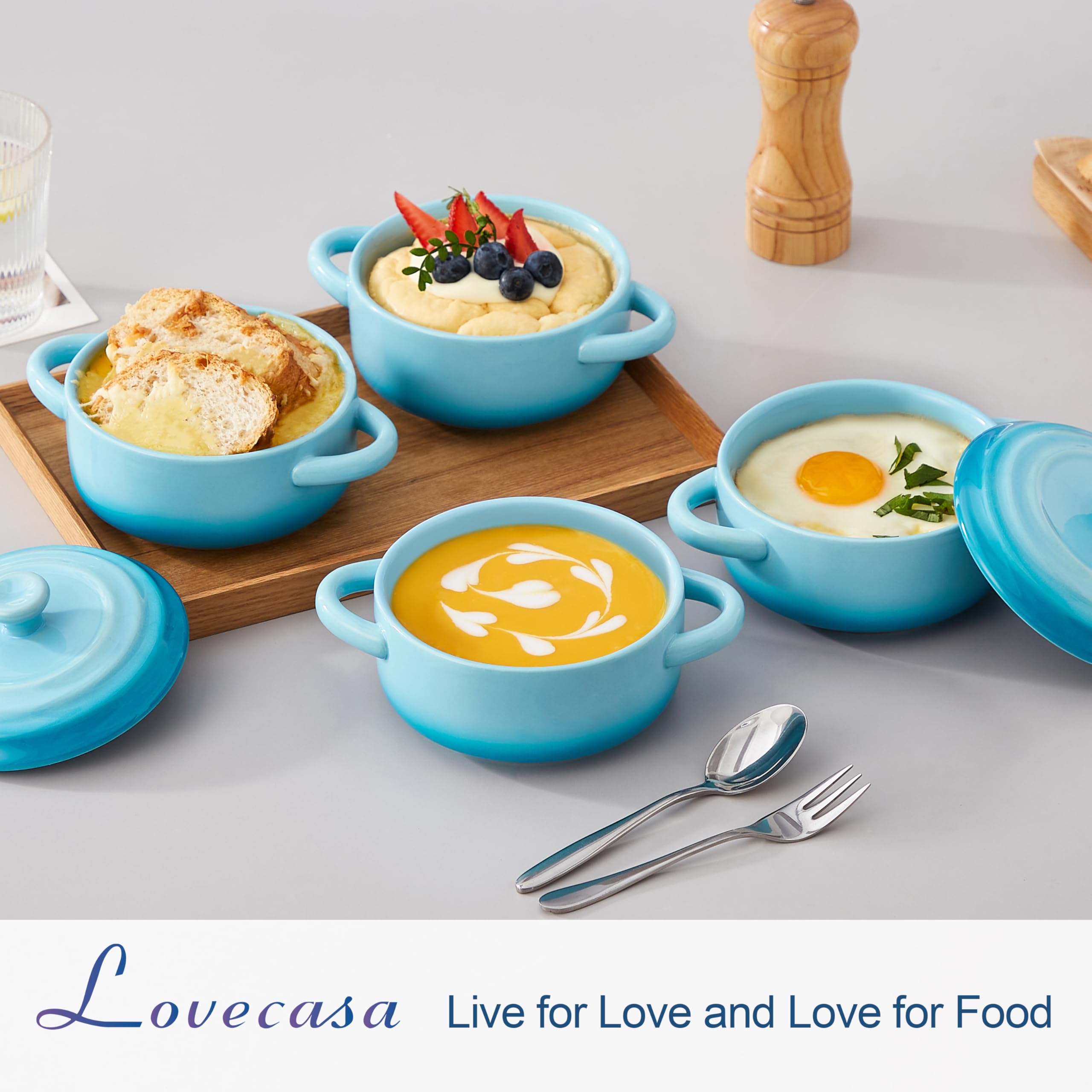 LOVECASA 12 oz casseroles with handles for easy transport and serving.