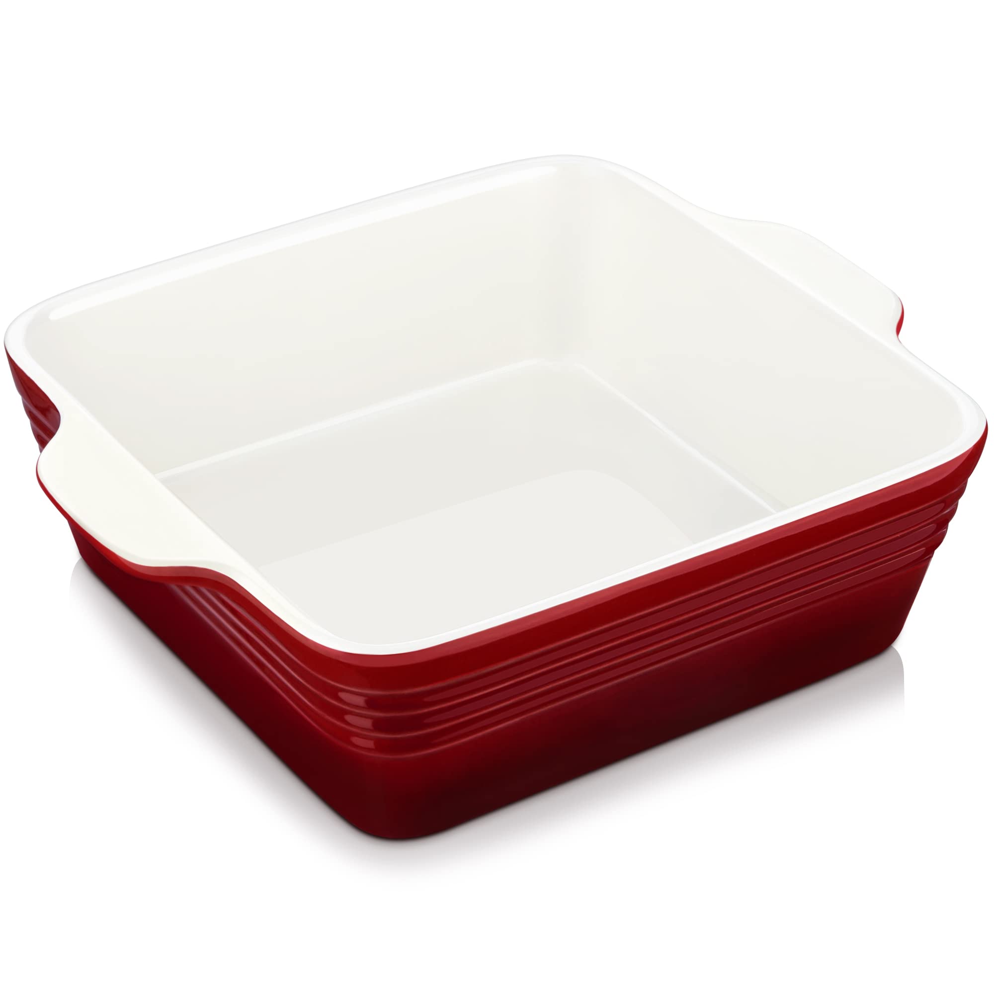 LOVECASA 8x8 square pan with handles for easy transport and serving from the oven.