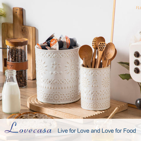 LOVECASA embossed pattern detail on ceramic utensil holder
