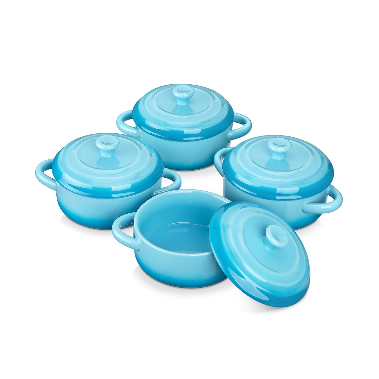 LOVECASA mini cocotte set in blue with four lids for precise portions.