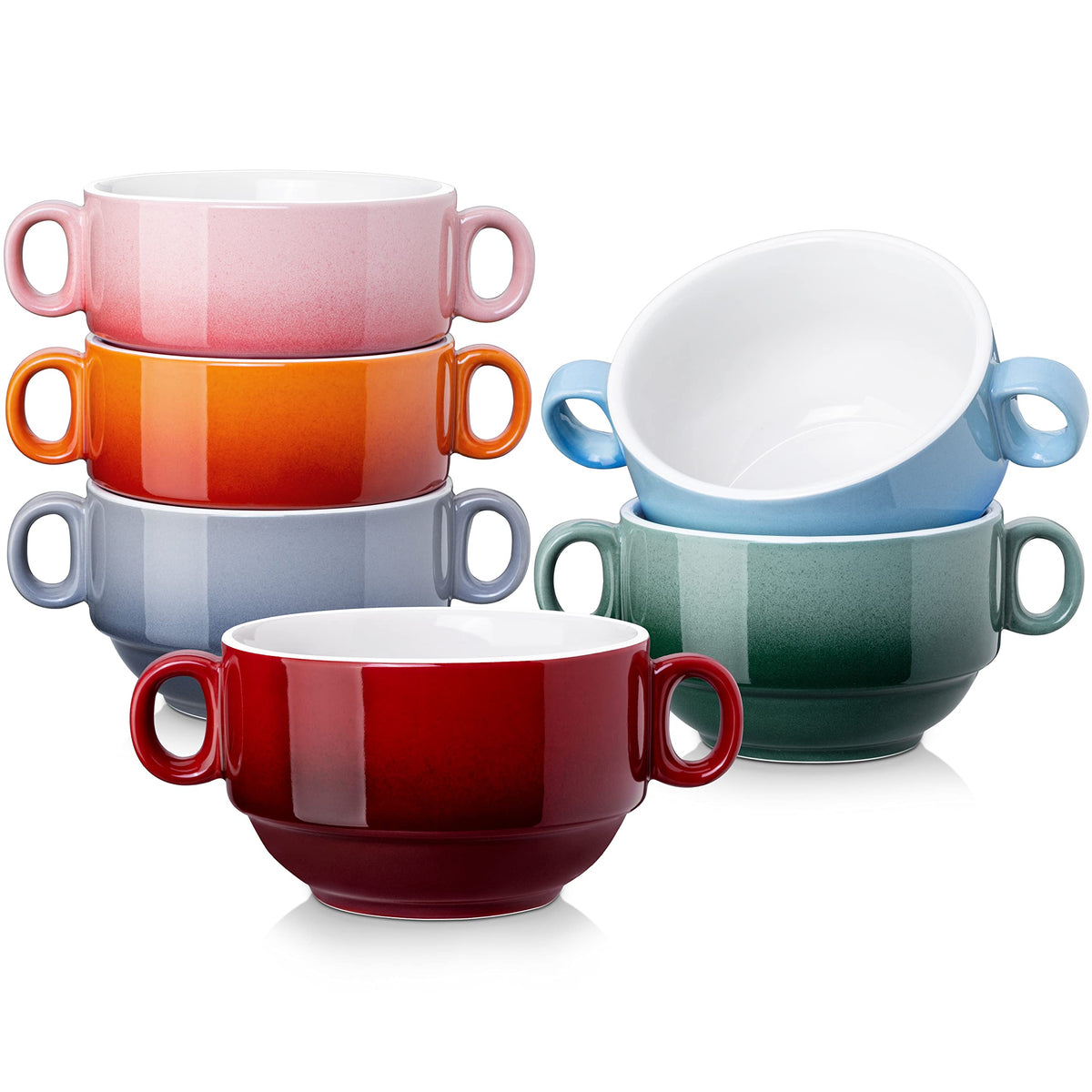LOVECASA multi-color 12 oz soup bowls with handles for individual portions.