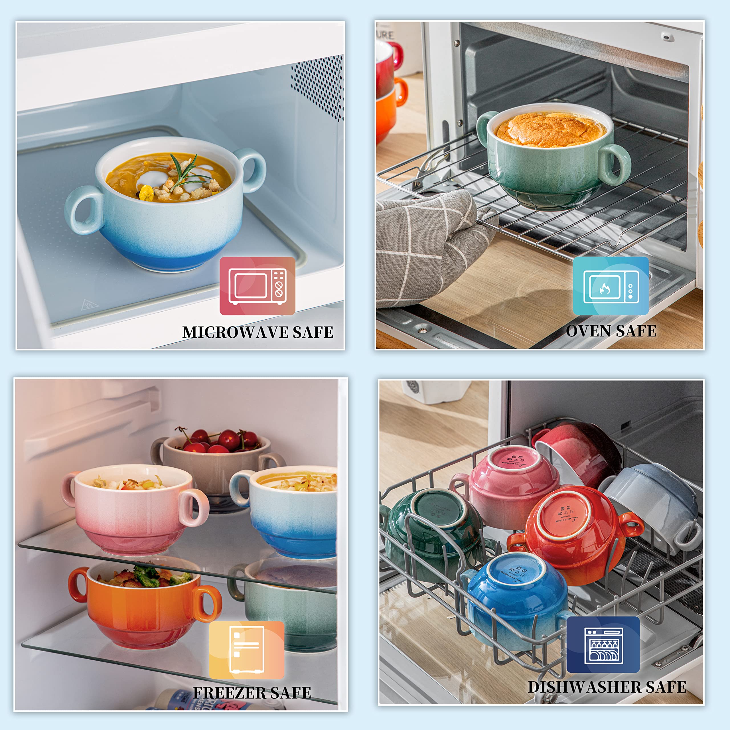 LOVECASA stackable ceramic bowls save kitchen space when stored.