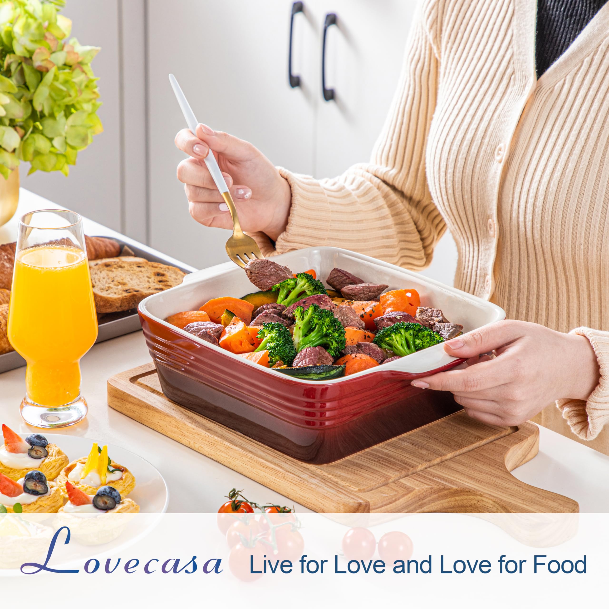 LOVECASA stoneware dish with double handles for secure grip during serving.