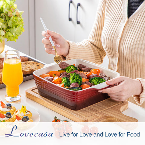 LOVECASA stoneware dish with double handles for secure grip during serving.