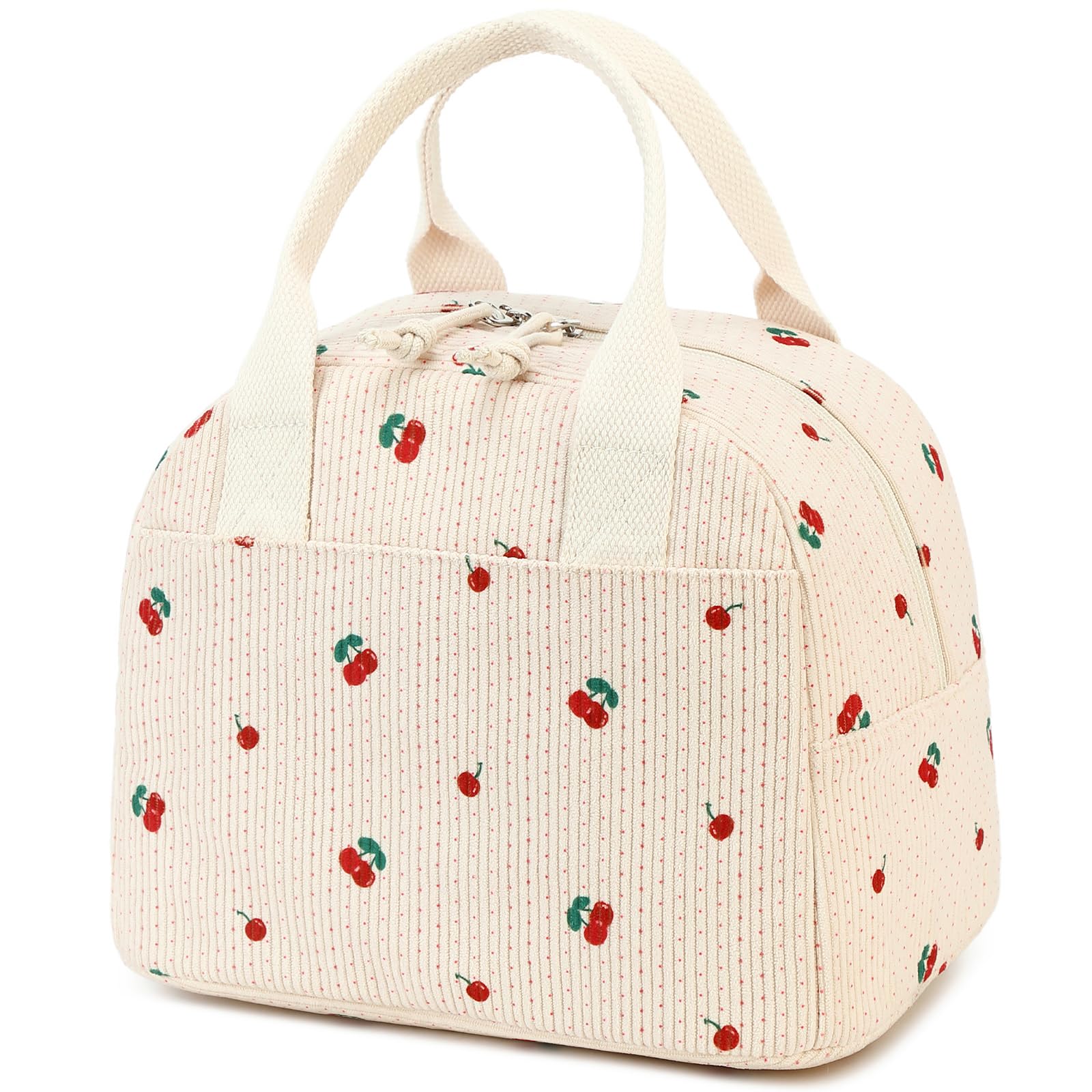 LOVELYWIND insulated cherry lunch bag front view showing sturdy handles and aluminum lining for fresh meals
