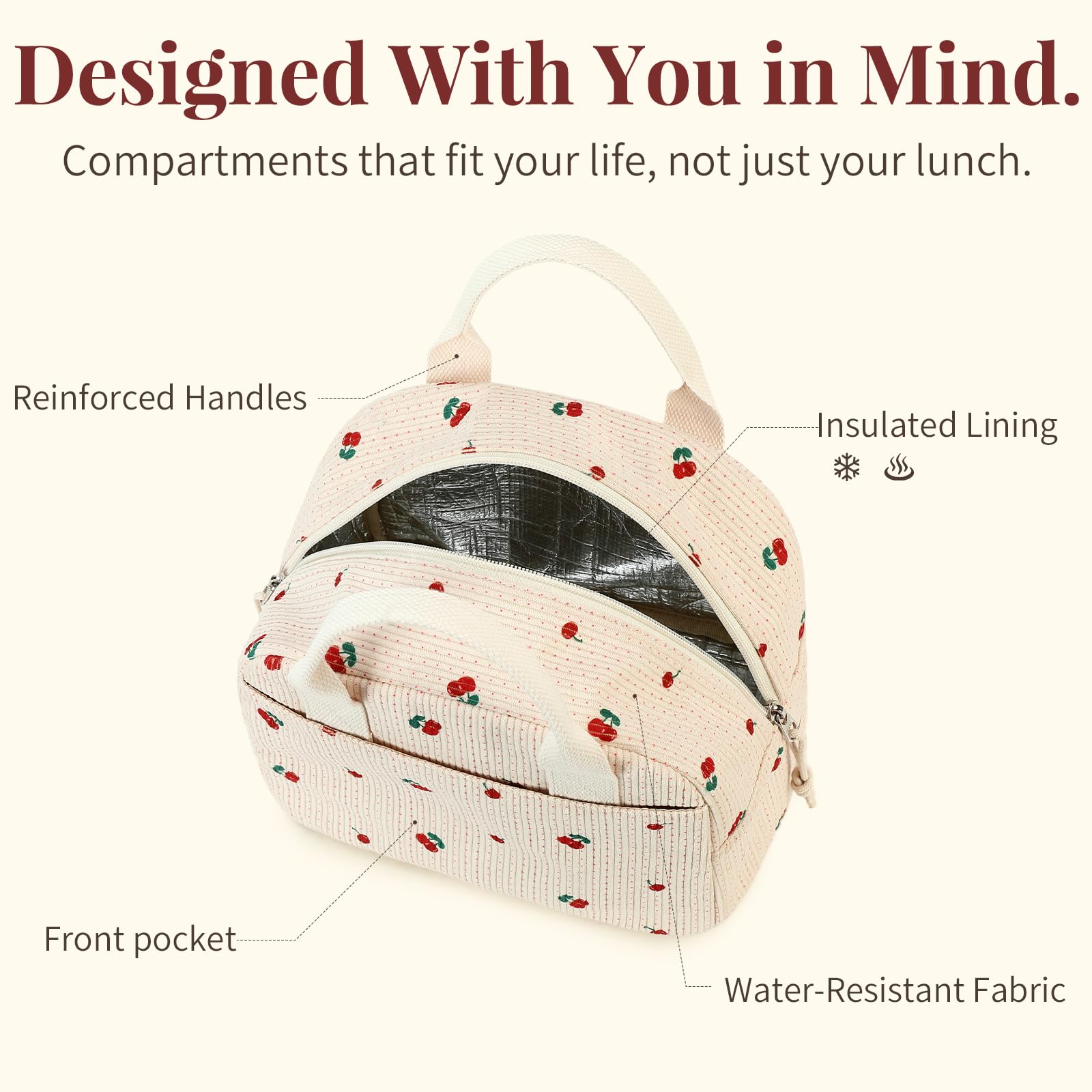 LOVELYWIND insulated lunch bag interior aluminum lining aids easy cleaning and temperature maintenance