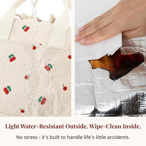 LOVELYWIND cherry lunch bag in-use at office shows versatile cooling and daily tote capability