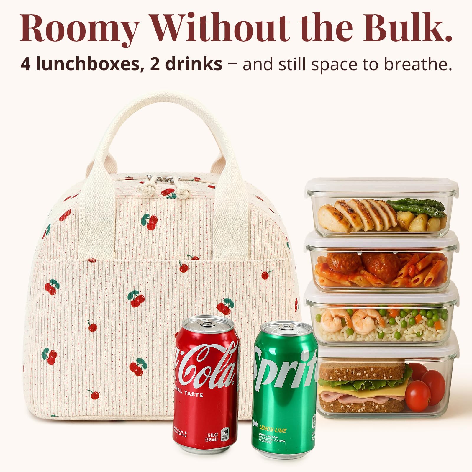 LOVELYWIND insulated cherry lunch bag side pocket highlights convenient storage and durable construction