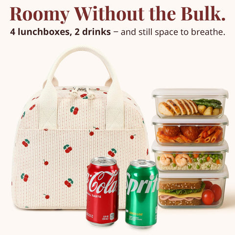 LOVELYWIND insulated cherry lunch bag side pocket highlights convenient storage and durable construction
