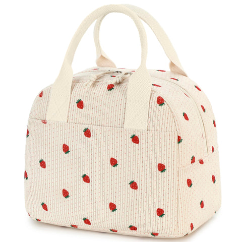 LOVELYWIND Strawberry Lunch Bag with aluminum lining keeps meals fresh during commutes.