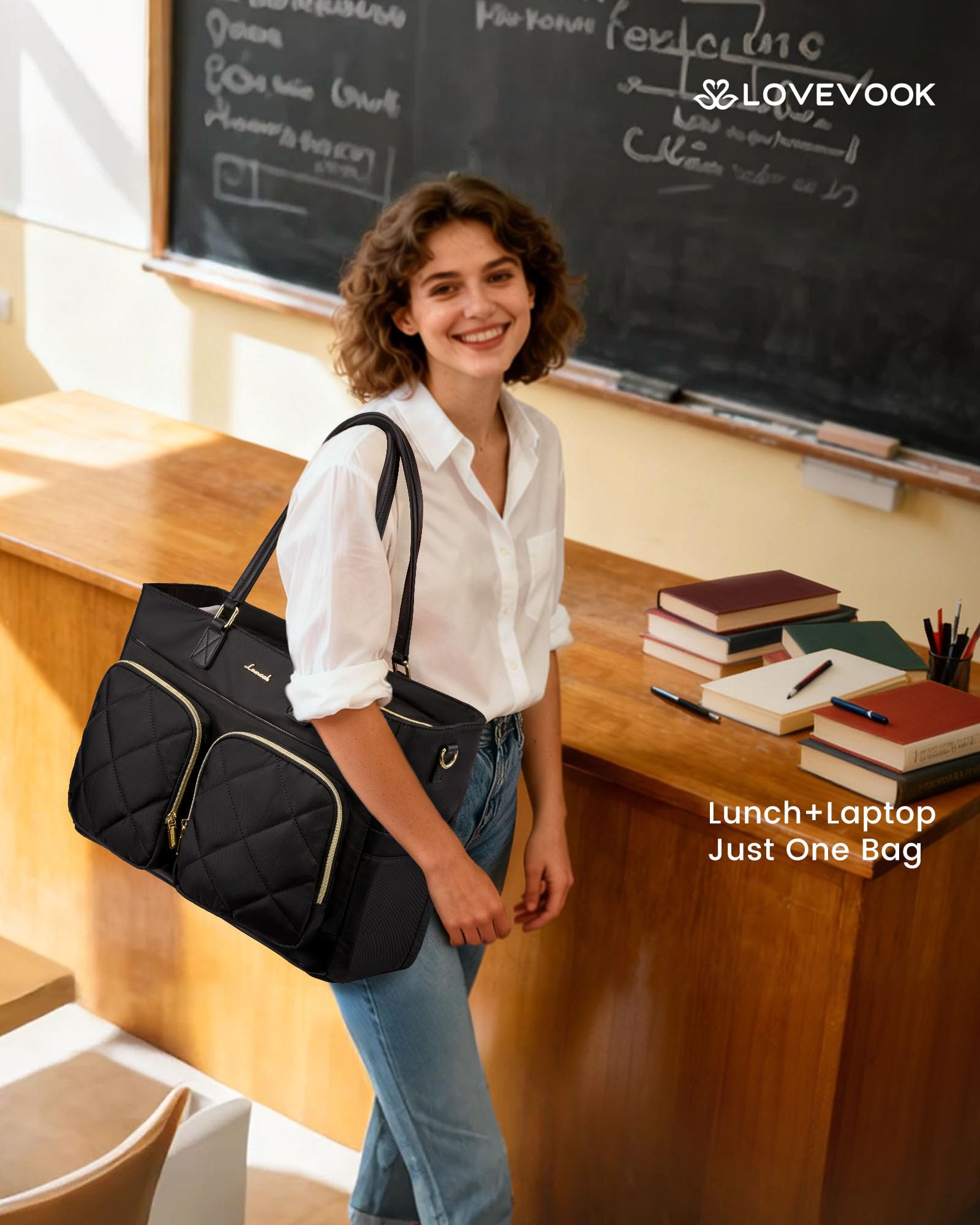 LOVEVOOK daily-use urban setup shows versatile work bag in action.