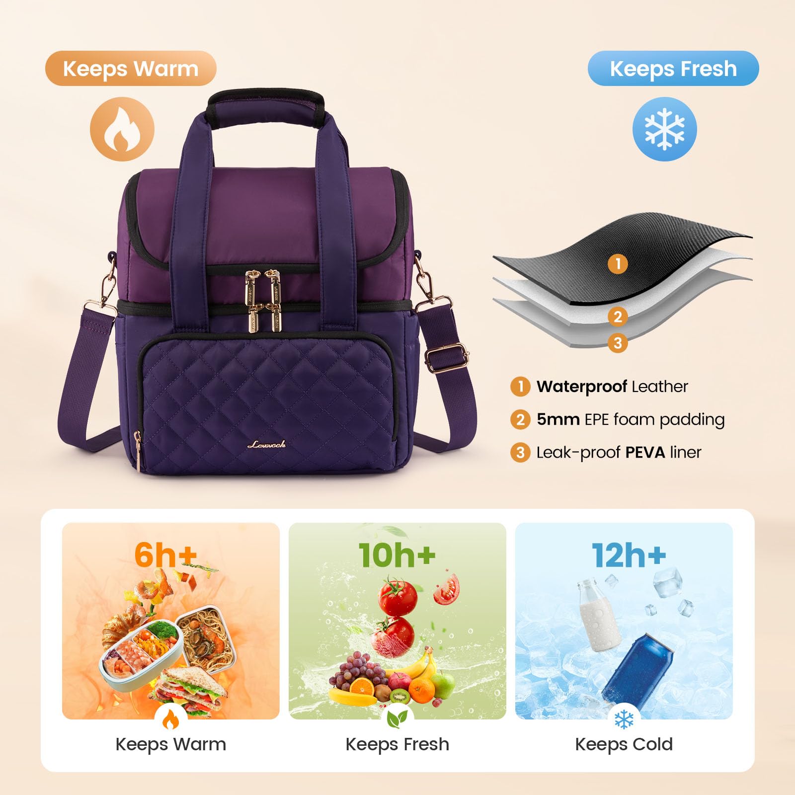 LOVEVOOK insulation layers keep foods cold or warm for hours.