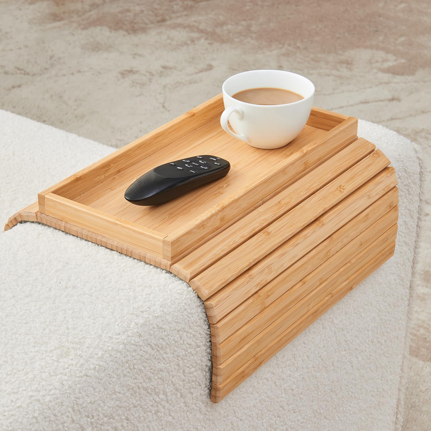 LOVYANXUE Bamboo arm tray holds snacks and drinks during a movie.