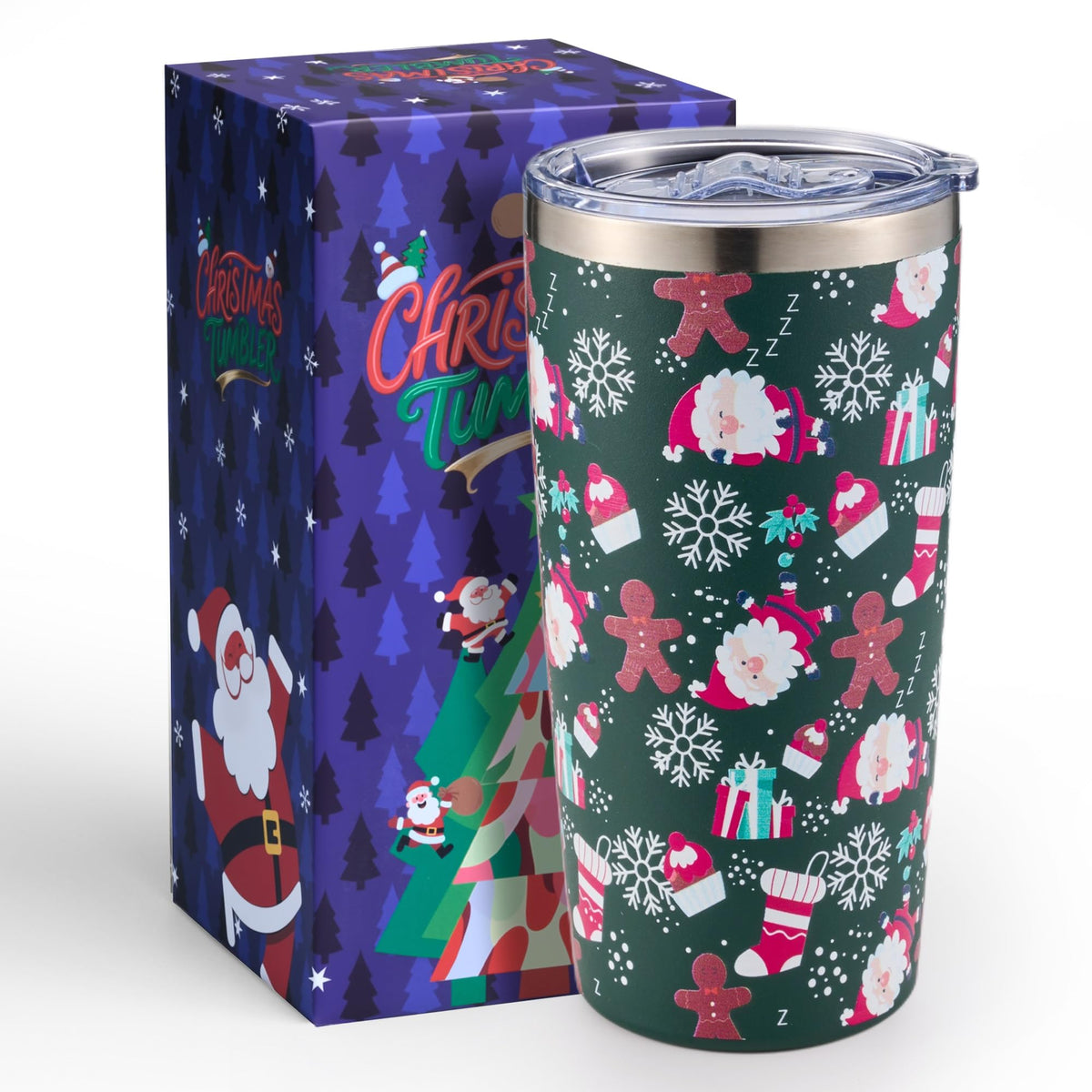 Lovydro 20 oz Christmas tumbler with lid shows splash-resistant design for travel.