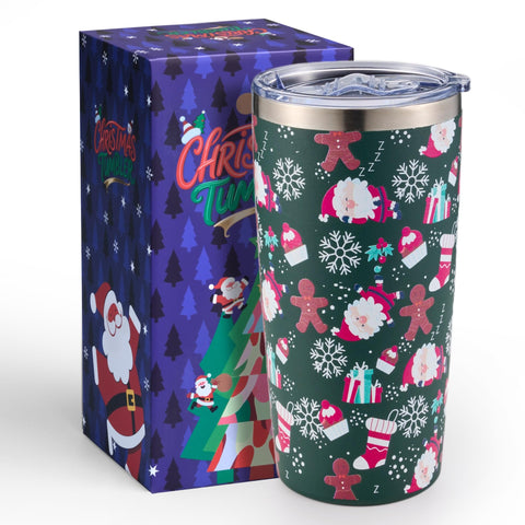 Lovydro 20 oz Christmas tumbler with lid shows splash-resistant design for travel.