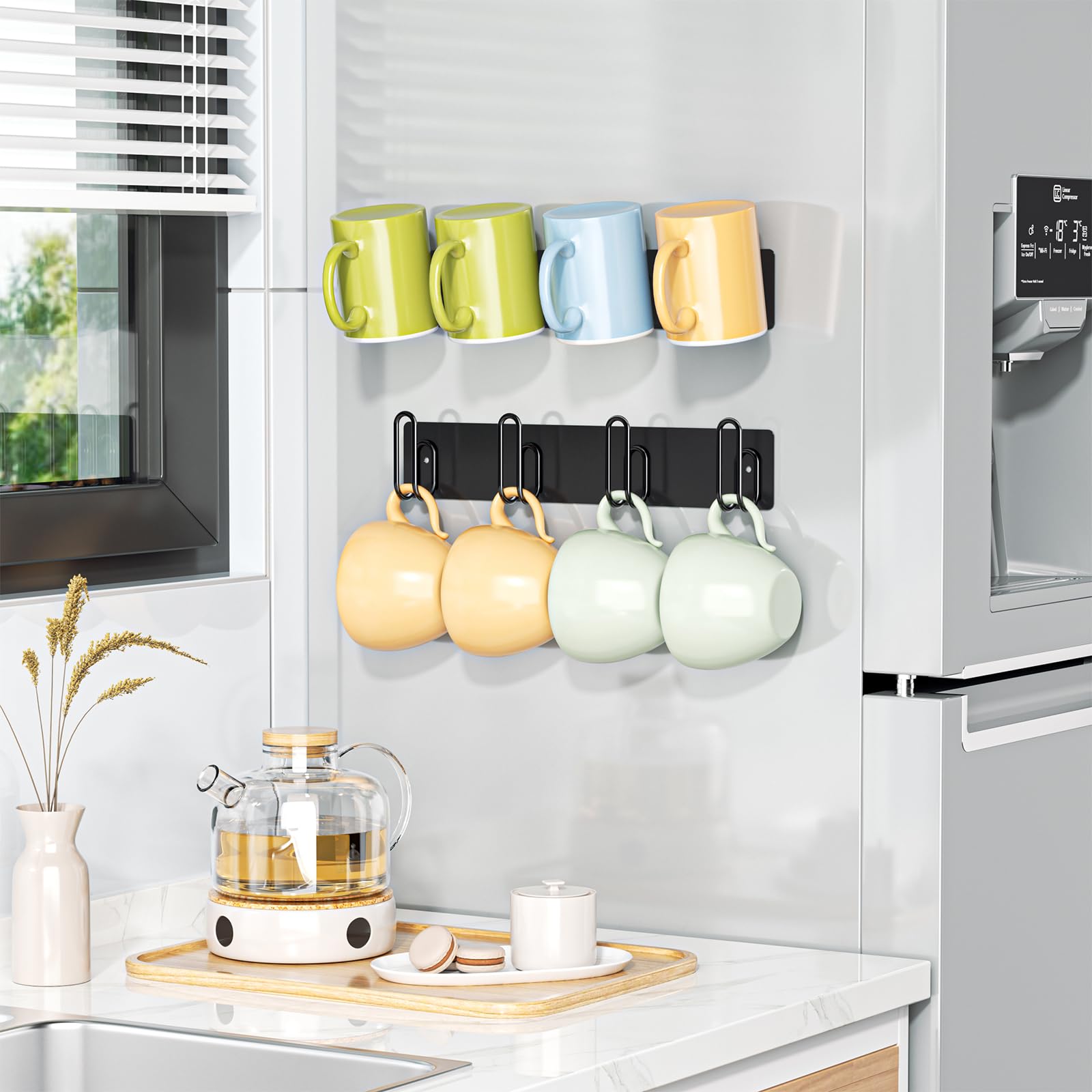 LOXSUN metal mug rack in black finish for wall display, saving counter space.