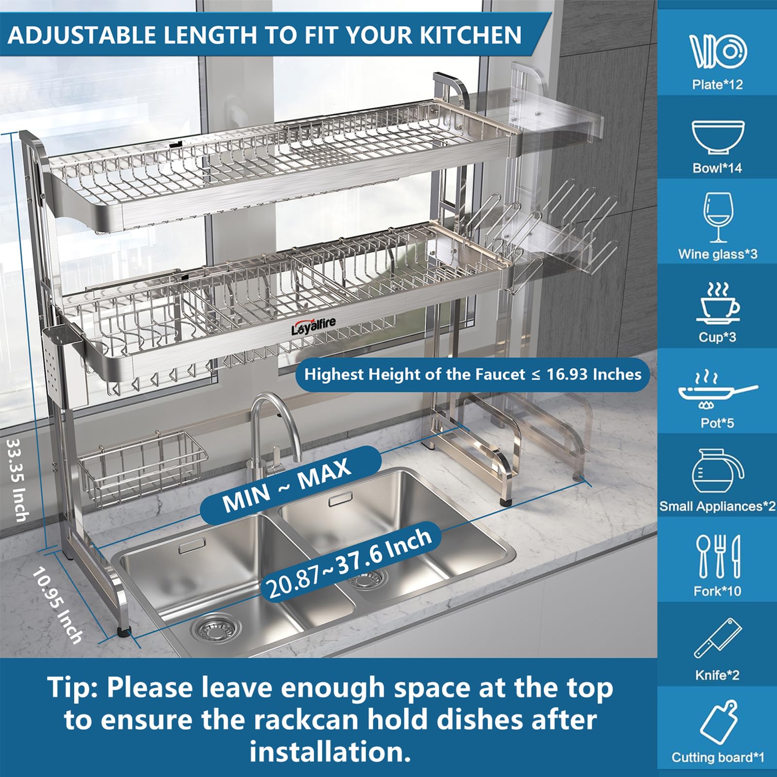 Loyalfire expandable drying rack length demonstrates flexibility for different kitchens
