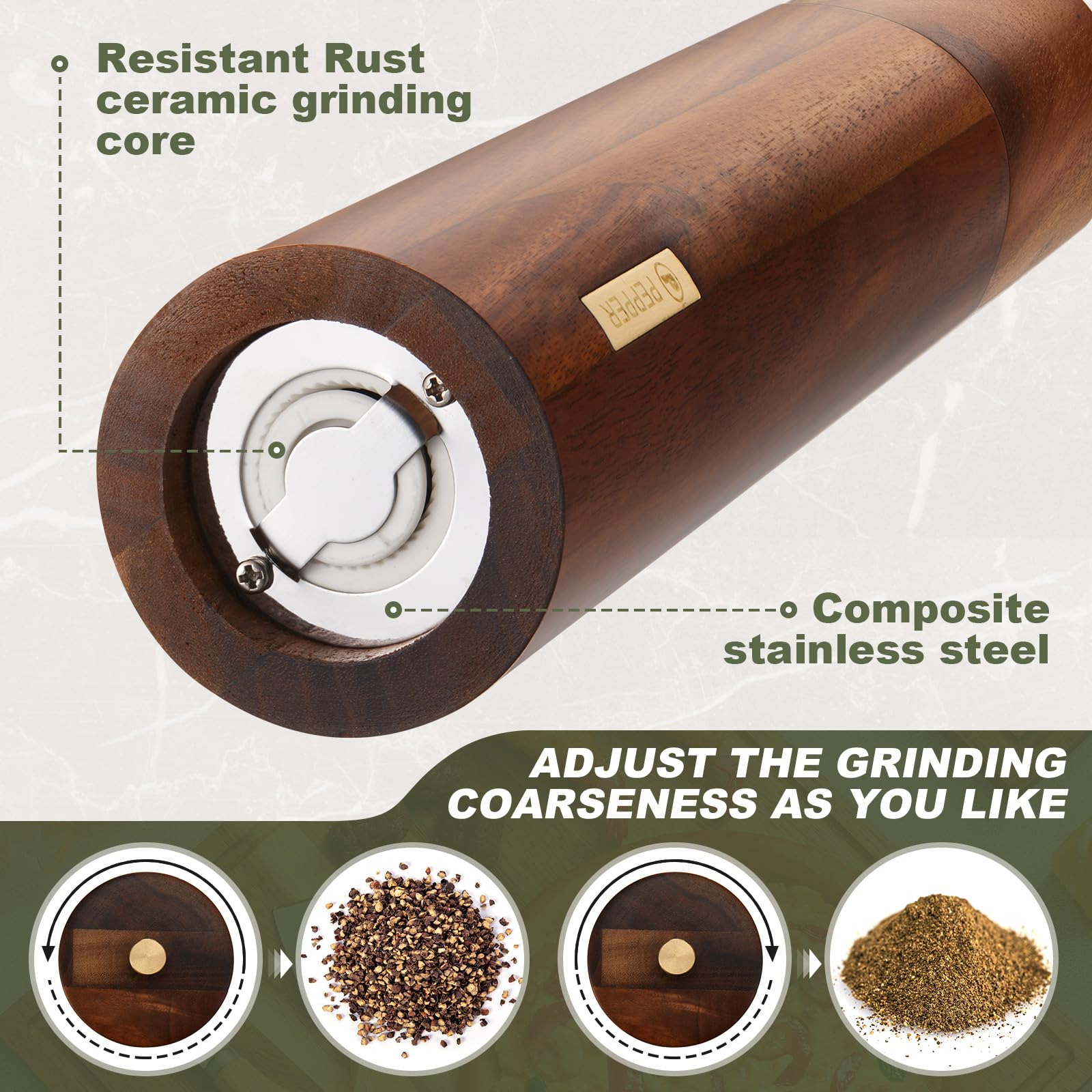 LOYIM adjustable grind knob on top for coarse to fine seasoning.