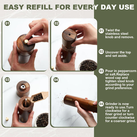 LOYIM easy refill system simplifies topping up salts and peppers.