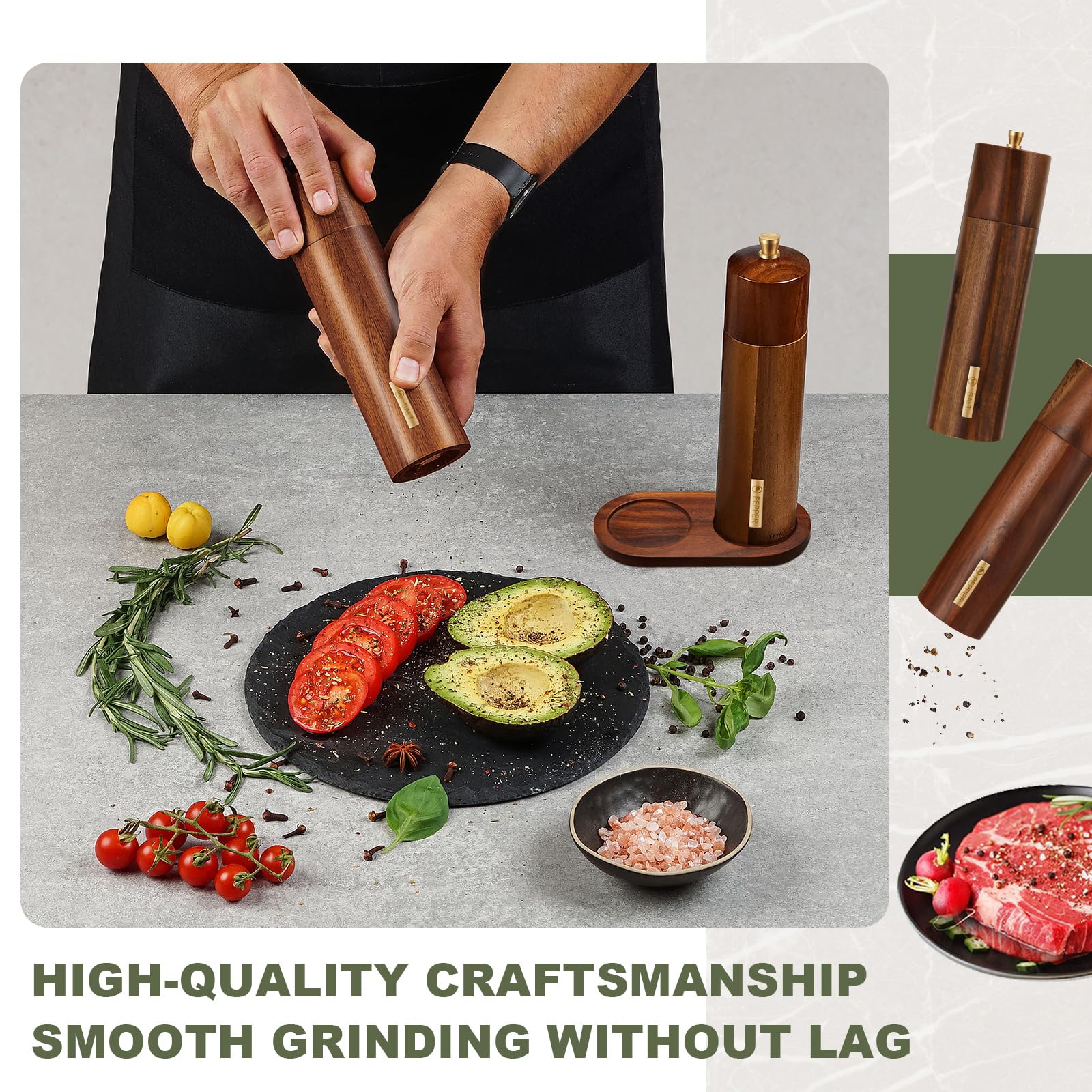 LOYIM grinder set on tray keeps counters clean during cooking.