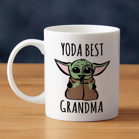 LOZACHE Baby Yoda mug text visible on both sides during sips.
