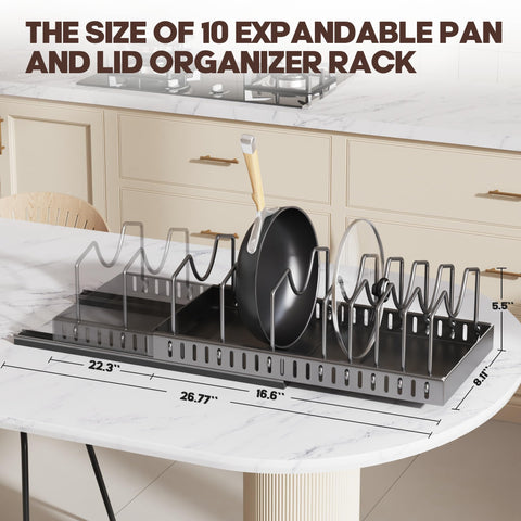 Lozovin expandable lid holder top view highlights adjustable dividers and expanded space.