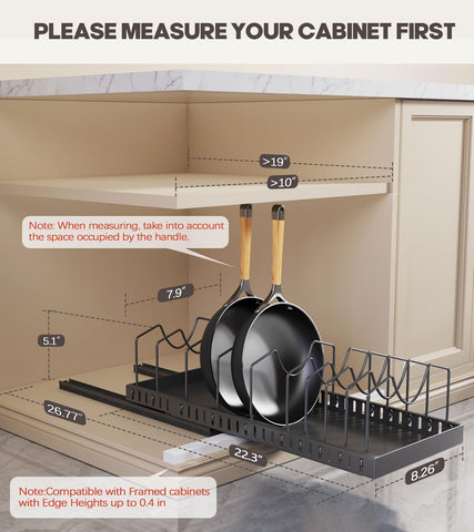 Lozovin pots and pans organizer side view shows stable storage in a deep cabinet.