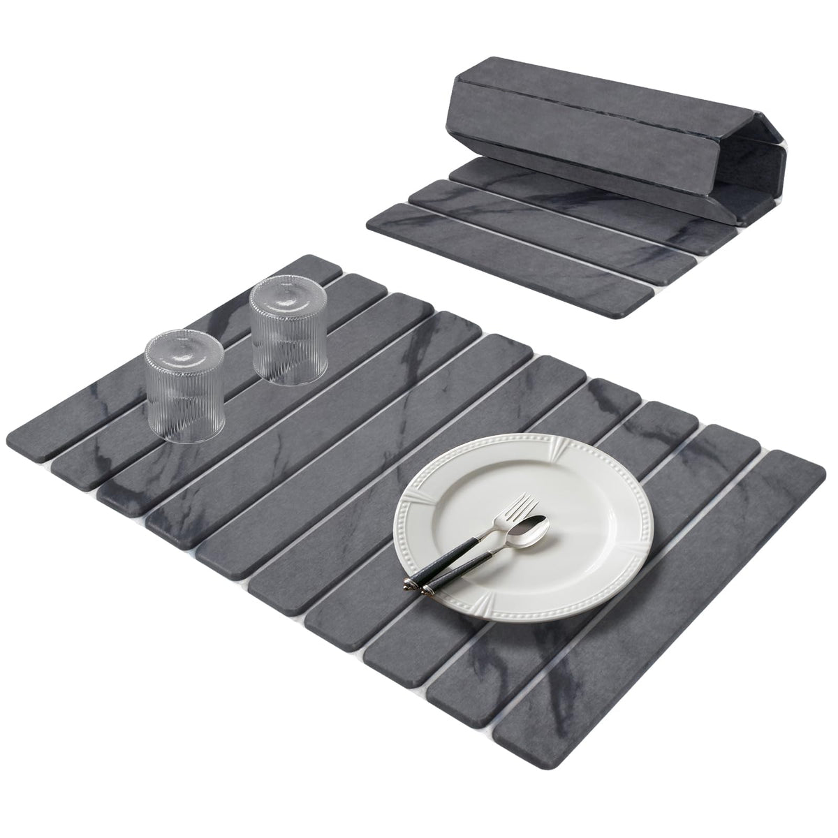 Lprmnnc diatomaceous-earth dish mat folded on counter for space-saving storage.