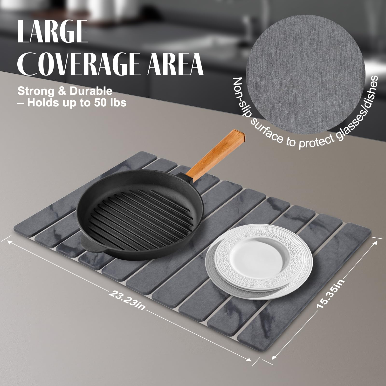Lprmnnc large 24x16 dish mat under cups and utensils after washing.