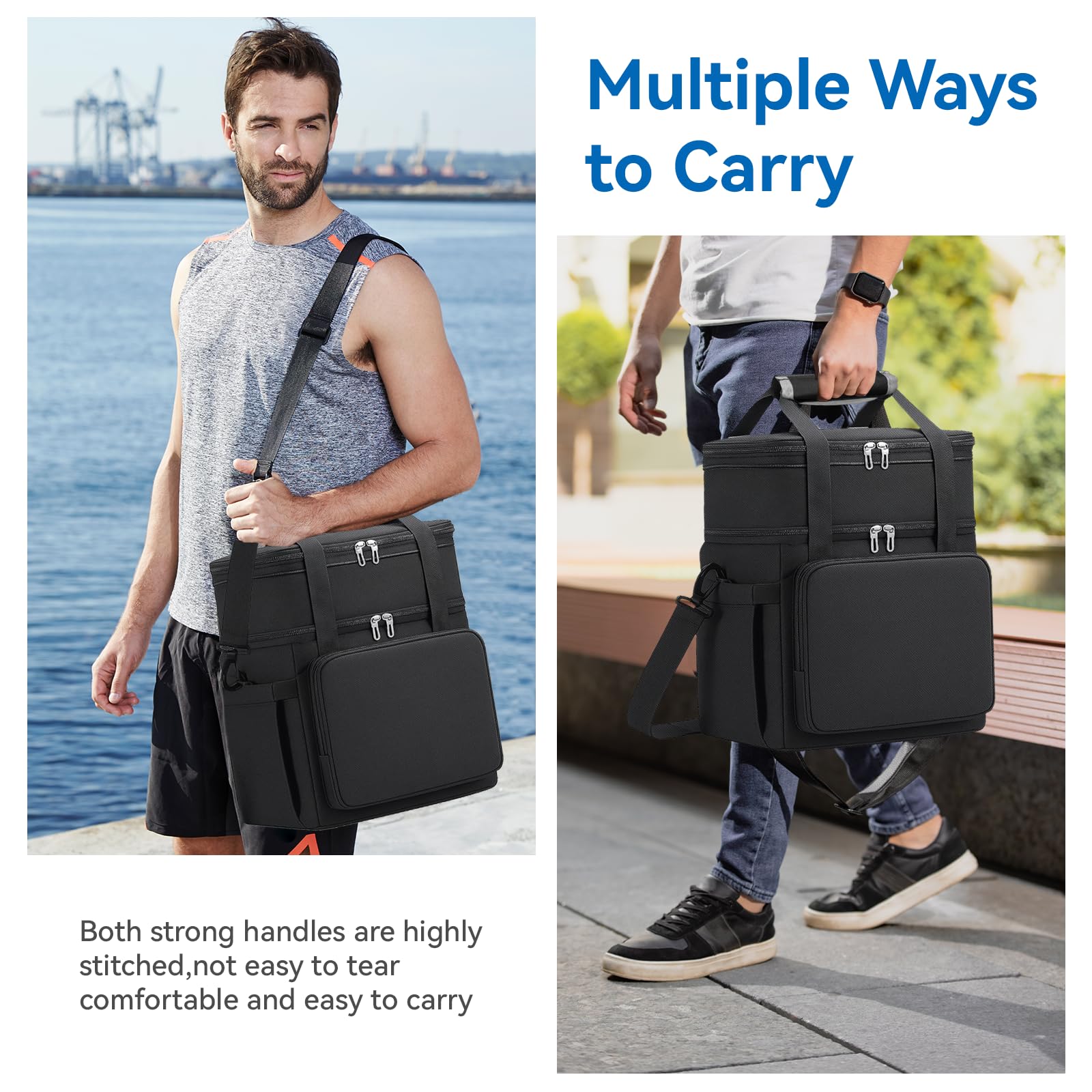 LRCXL multi-pocket layout stores phone, charger, wallet and water bottle