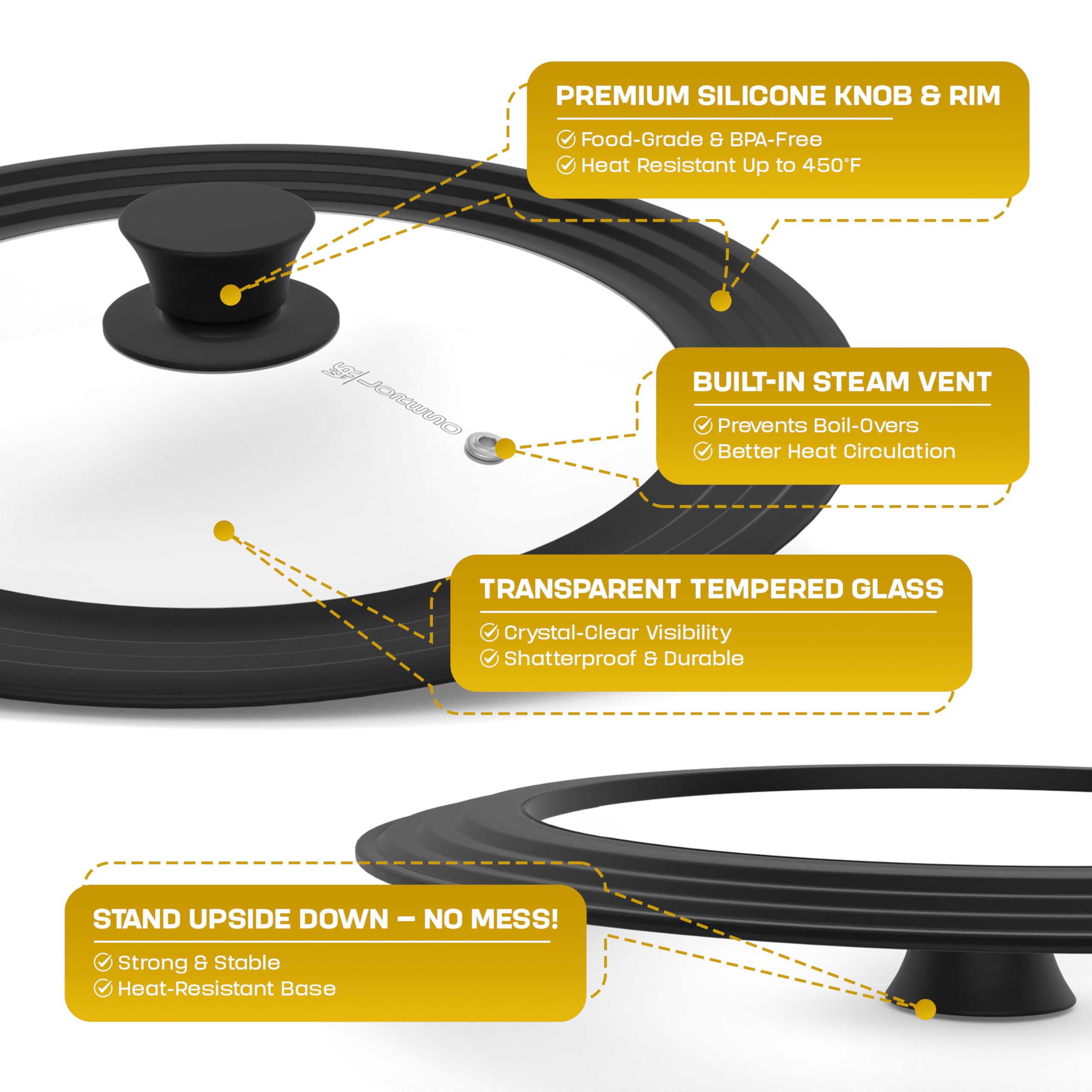 LSR LORESO lid with crystal-clear tempered glass for watching food simmer.