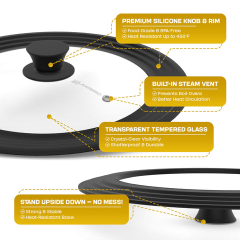 LSR LORESO lid with crystal-clear tempered glass for watching food simmer.