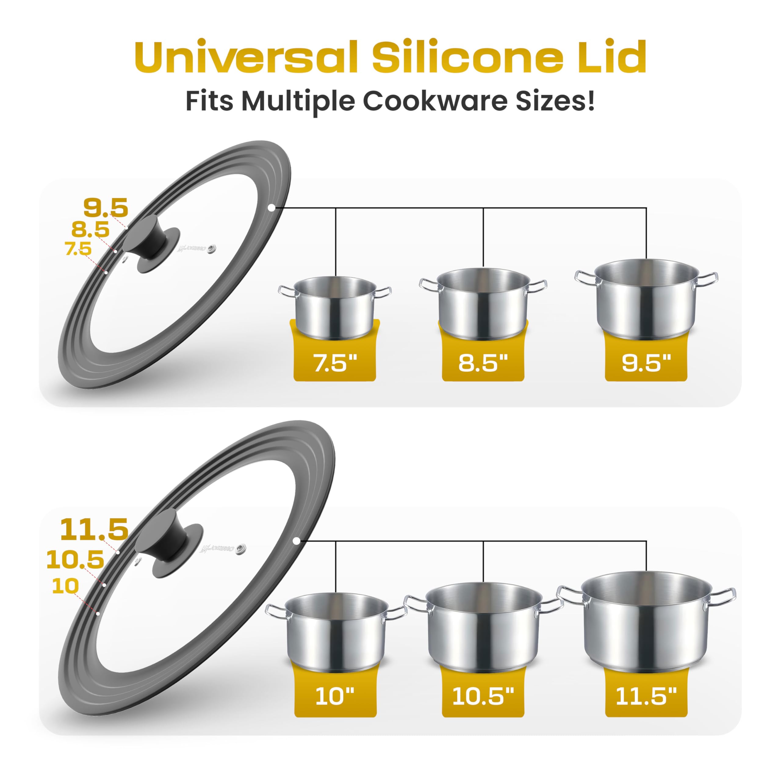 LSR LORESO two-lid system covers pots and pans from 7.5 to 11.5 inches.