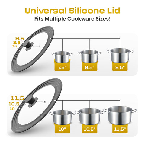 LSR LORESO two-lid system covers pots and pans from 7.5 to 11.5 inches.